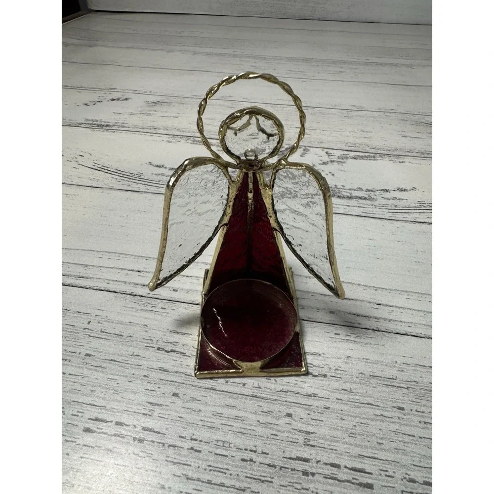 Red Stained Glass Candle Holding‎ Angel Christmas